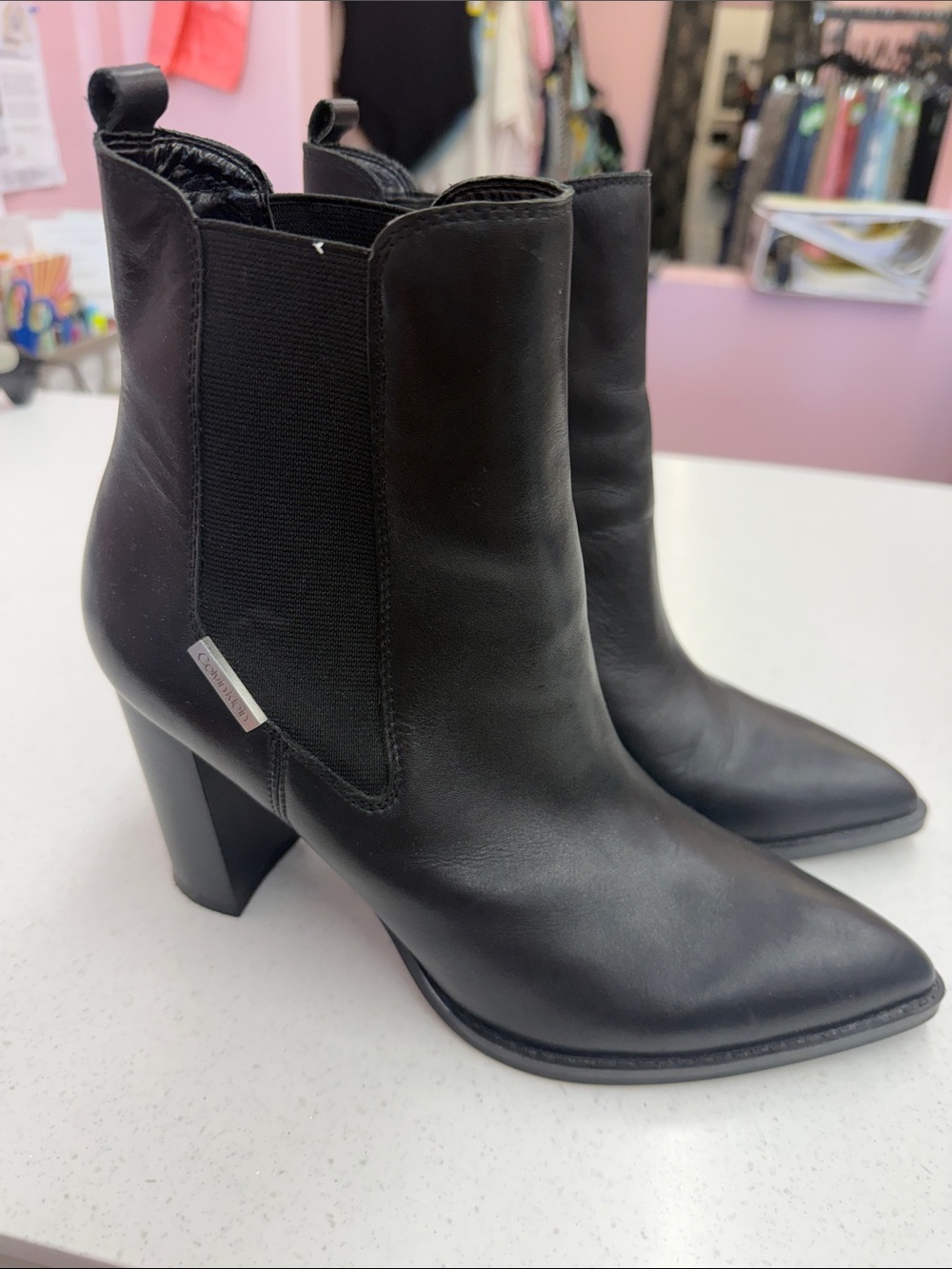 Calvin Klein Black Pointed Chelsea Ankle Boots with Block Heel